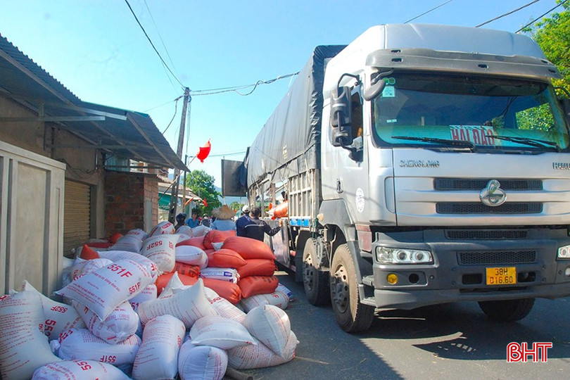 Lúa được bà con nông dân xã Hồng Lộc vận chuyển đến điểm tập kết để bán cho thương lái. z5796616932087_d1a94d1ca9cc13b471a97ffb88ee092f.jpg