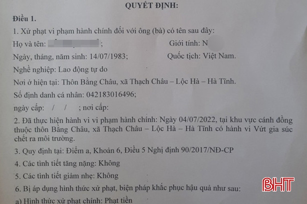 Hà Tĩnh: Một phụ nữ bị xử phạt 5,5 triệu đồng vì vứt lợn chết ra đồng