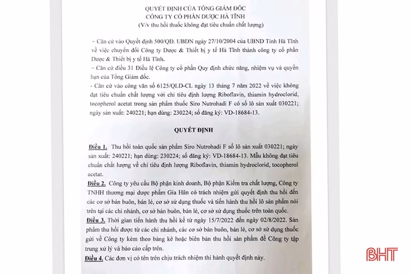 Công ty CP Dược Hà Tĩnh tập trung thu hồi Siro Nutrohadi F vi phạm mức độ 2