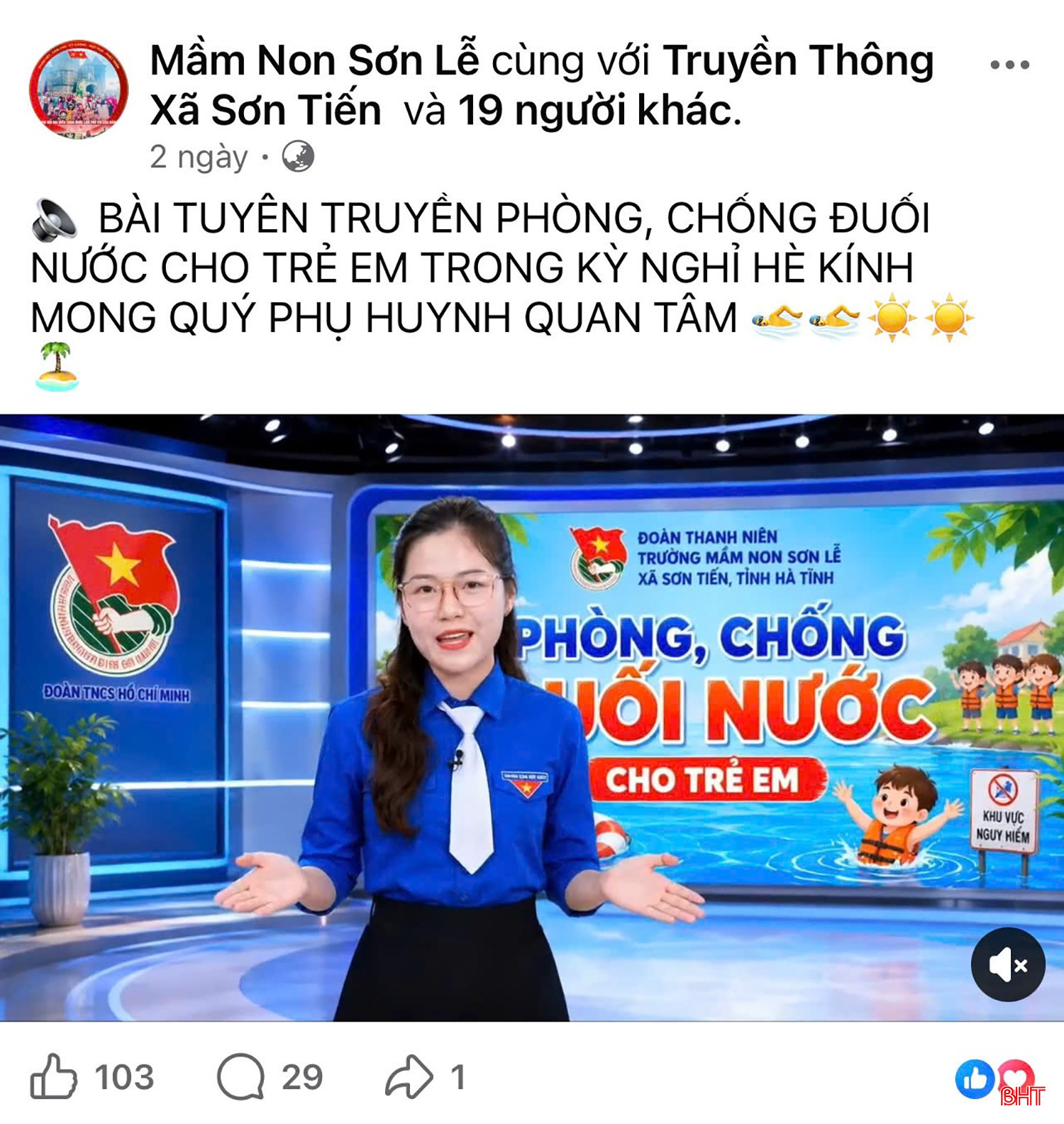 Video tuyên truyền phòng chống đuối nước cho trẻ em của Trường Mầm non Sơn Lễ được đăng tải trên Facebook. Ảnh chụp màn hình.