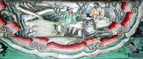 Tranh trên cột theo điển tích Kết nghĩa vườn đào của Tam Quốc diễn nghĩa