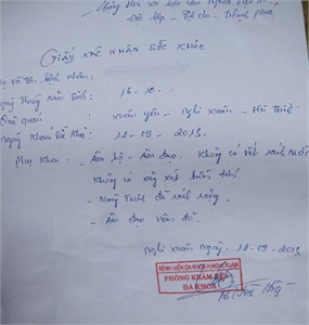 Giám định sức khỏe của U. tại Bệnh viện Đa khoa Nghi Xuân vào ngày 12/9