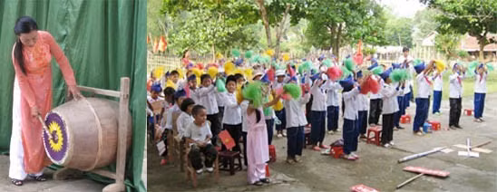 Cô Nguyễn Thị Xuân Song - Hiệu trưởng, đánh trống khai giảng năm học mới