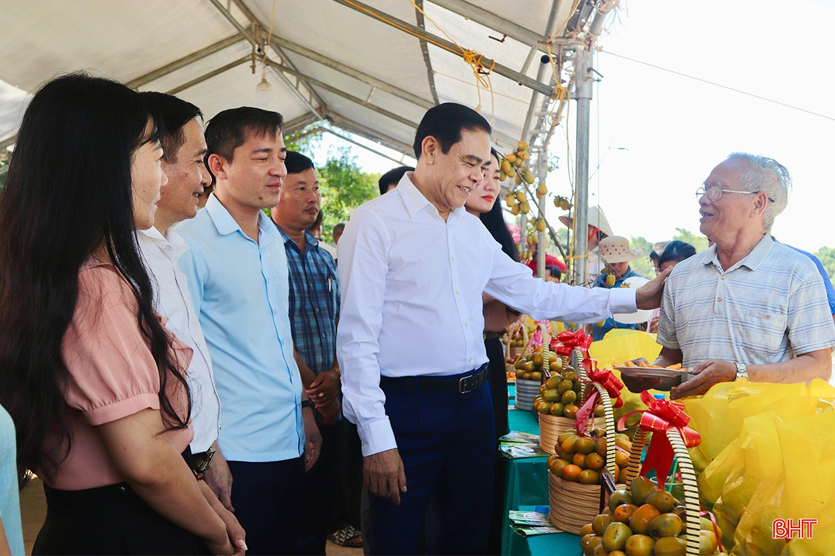 Chủ tịch UBND tỉnh Võ Trọng Hải tham quan gian hàng hồng Bình Du của bà con thôn Yên Du (xã Đức Lĩnh).