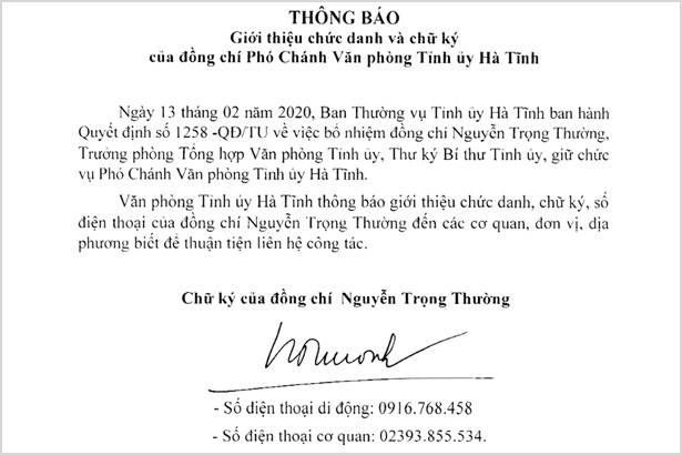 Giới thiệu chức danh, chữ ký Phó Chánh Văn phòng Tỉnh ủy Hà Tĩnh
