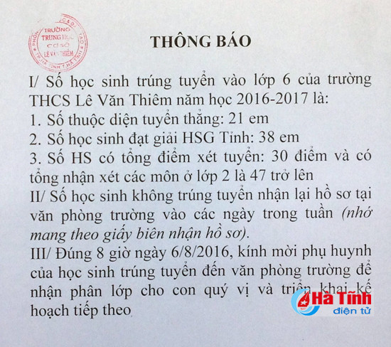 nong cong bo 150 hoc sinh trung tuyen lop 6 thcs le van thiem