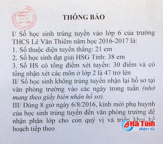nong cong bo 150 hoc sinh trung tuyen lop 6 thcs le van thiem