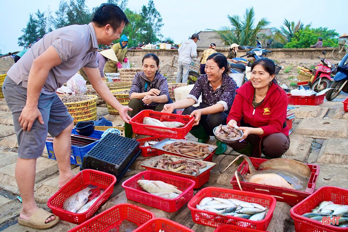 Dịp này, nhiều du khách khi về với biển Thiên Cầm (Cẩm Xuyên) không quên trải nghiệm phiên chợ sớm cùng bà con ngư dân và tiểu thương. "Không chỉ được ngắm bình minh trên biển rất đẹp, chúng tôi còn dành thời gian để đi chợ cá, vừa hoà mình vào không khí lao động của người dân, vừa có thể tự tay lựa chọn những loại hải sản tươi ngon, thực sự là trải nghiệm thú vị" - anh Đinh Công Hòa (du khách từ Hà Nội) chia sẻ. Dịp này, nhiều du khách khi về với biển Thiên Cầm (Cẩm Xuyên) không quên trải nghiệm phiên chợ sớm cùng bà con ngư dân và tiểu thương. "Không chỉ được ngắm bình minh trên biển rất đẹp, chúng tôi còn dành thời gian để đi chợ cá, vừa hoà mình vào không khí lao động của người dân, vừa có thể tự tay lựa chọn những loại hải sản tươi ngon, thực sự là trải nghiệm thú vị" - anh Đinh Công Hòa (du khách từ Hà Nội) chia sẻ.