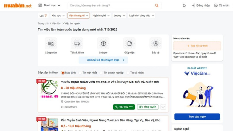 Giao diện chuyên mục “Việc làm” trên Muaban.net giúp người lao động dễ dàng tìm kiếm công việc phù hợp tại Hà Nội. ttld-3.jpg
