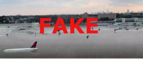 Bức ảnh giả cho thấy máy bay chìm trong biển nước. nhung tro lua xoay quanh bao harvey o my