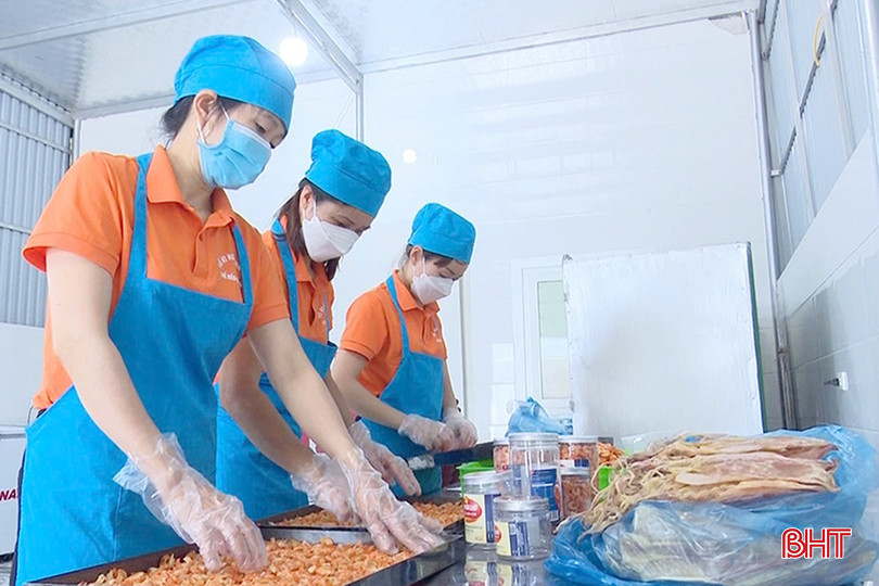 Công nhân HTX Chế biến và Kinh doanh hải sản Hoa Linh Chi tập trung đóng gói tôm nõn khô. bqbht_br_0.jpg