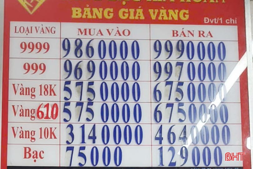 Giá vàng niêm yết vào 13h chiều 19/3 tại Hà Tĩnh ở mức 9.990.000 đồng/chỉ bán ra và 9.860.000 đồng/chỉ mua vào. bqbht_br_z6421462422656-921eb9c990a0f666b3bf11fbecce4332.jpg