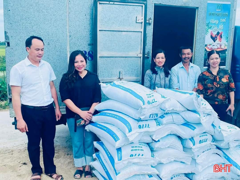Hội LHPN huyện Thạch Hà và Hội LHPN xã Thạch Thắng trao hỗ trợ thức ăn chăn nuôi ngan cho gia đình chị Hiếu (tháng 2/2024).