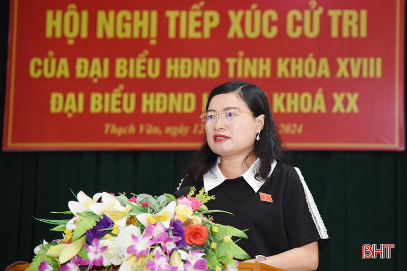 Bà Nguyễn Thị Nguyệt - Giám đốc Sở GD&amp;ĐT, Tổ trưởng Tổ đại biểu HĐND tỉnh bầu tại Thạch Hà trao đổi với cử tri.