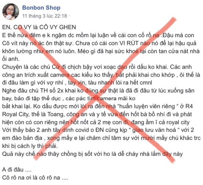 Hình ảnh Facebook của đối tượng Nguyễn Thị Vân đưa thông tin xuyên tạc, bịa đặt trên mạng xã hội. Xử lý một số đối tượng tung tin đồn thất thiệt về bệnh nhân số 21 có “bồ nhí, con riêng”