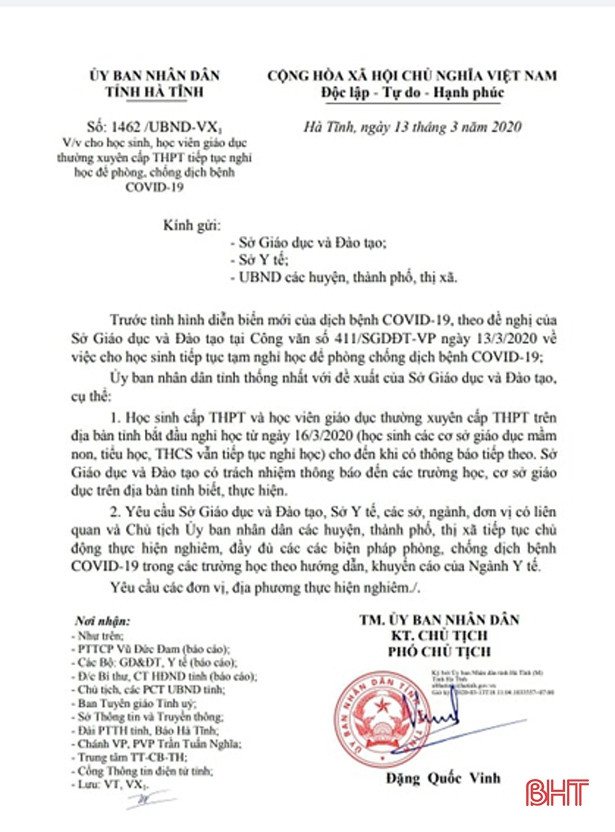 Học sinh THPT Hà Tĩnh tiếp tục nghỉ học từ ngày 16/3