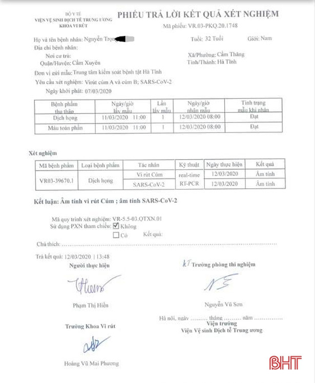 Bệnh nhân nam cách ly ở Bệnh viện Đa khoa Cẩm Xuyên âm tính với Covid-19