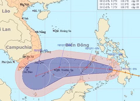 Đường đi dự kiến của bão Washi, theo đó nó sẽ quét qua cực nam Việt Nam vào ngày 19/12. Đồ họa: NCHMF