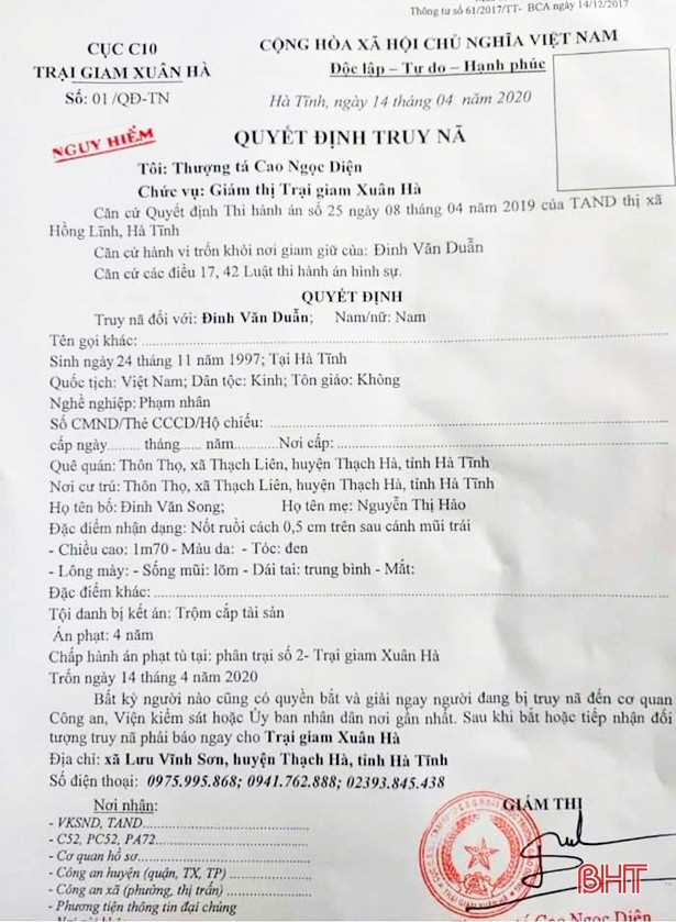 Truy nã đối tượng trốn khỏi trại giam của Bộ Công an ở Hà Tĩnh