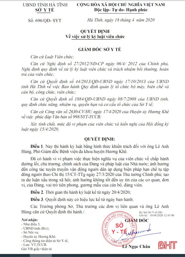 Kỷ luật Phó Giám đốc bệnh viện huyện Hương Khê