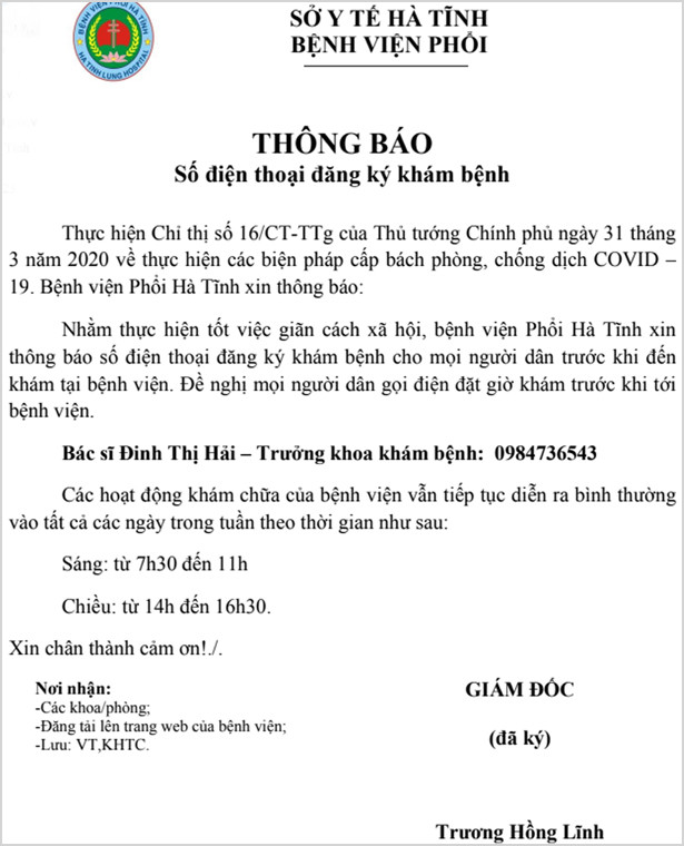 Bệnh viện Phổi Hà Tĩnh vẫn khám chữa bệnh bình thường phục vụ nhu cầu của người dân
