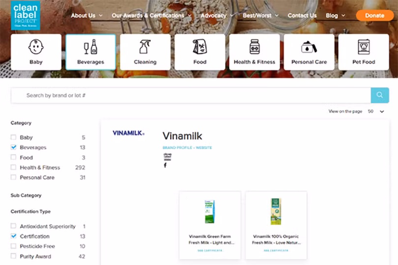 Sữa tươi đầu tiên trên thế giới đạt chứng nhận của tổ chức Clean Label Project thuộc “Nhà Vinamilk”