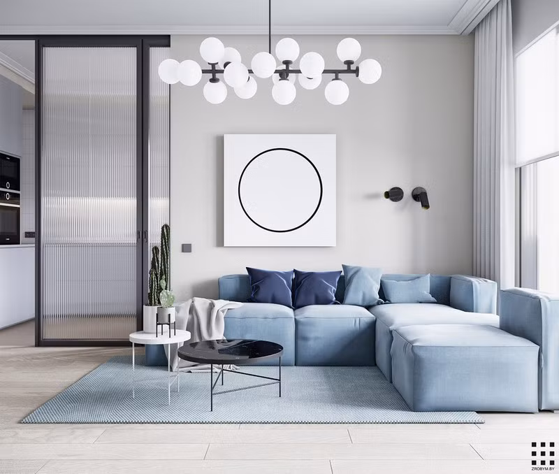 Căn hộ trang trí bằng màu xanh và hồng pastel