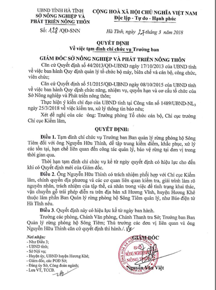 dinh chi chuc vu truong bql song tiem de go lau nghenh ngang tren duong