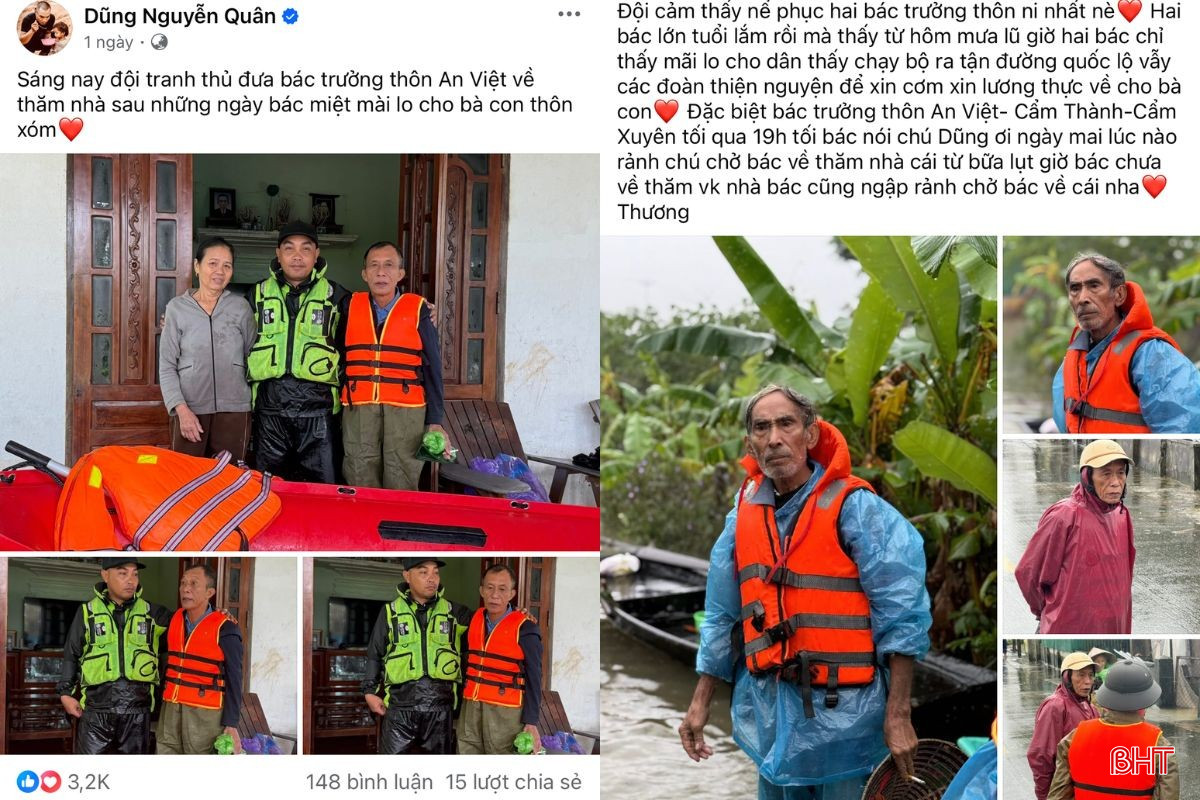 Hình ảnh ông Định được chia sẻ lan toả trên mạng xã hội với vai trò là một trong những trưởng thôn nhiệt huyết giữa tâm lũ.