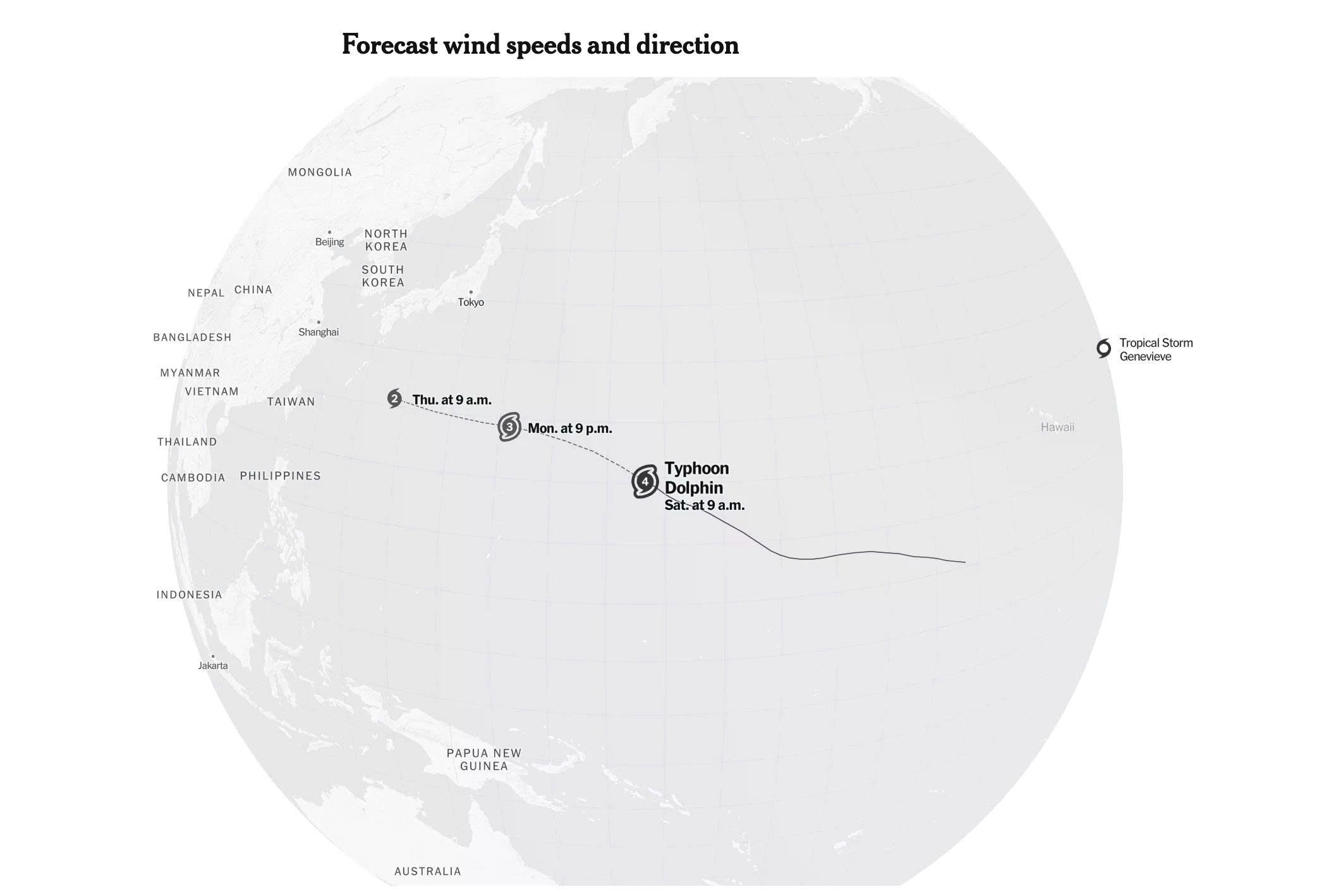 Dự báo đường đi của siêu bão Dolphin. Ảnh: New York Times.