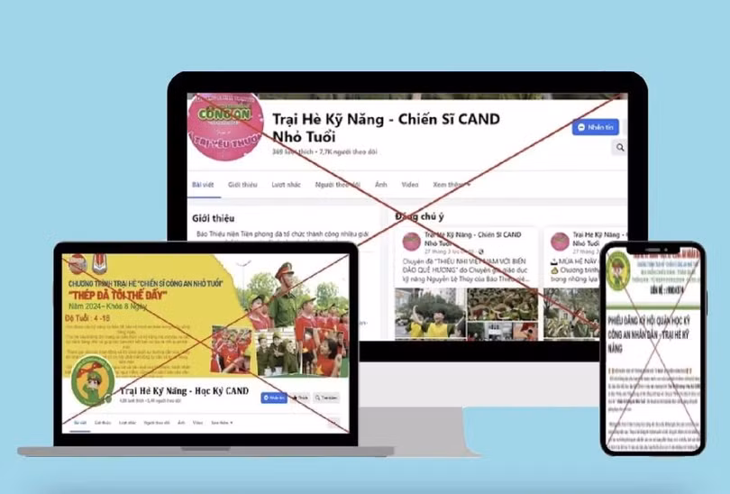 Một số fanpage mạo danh cơ quan công an, quân đội để tổ chức trại hè cho trẻ. Ảnh: Cục ATTT.