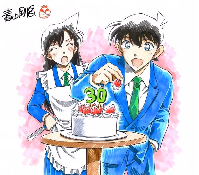 Gosho Aoyama vẽ nhân vật Shinichi Kudo và Ran, mừng bộ truyện 30 tuổi. Ảnh: Jump