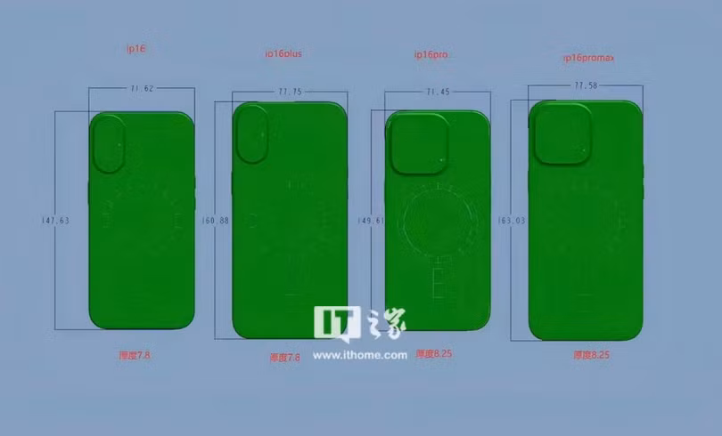 Bản vẽ kèm kích thước 4 mẫu iPhone 16. Ảnh: IT Home.