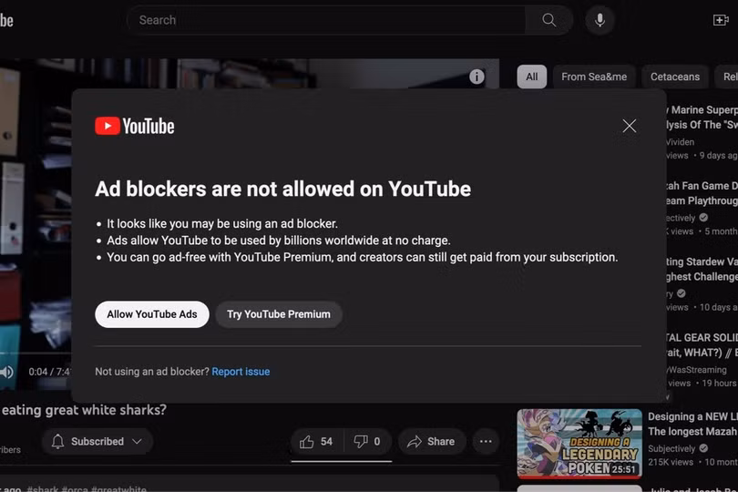 YouTube hiển thị yêu cầu tắt trình chặn quảng cáo (Ảnh chụp màn hình).