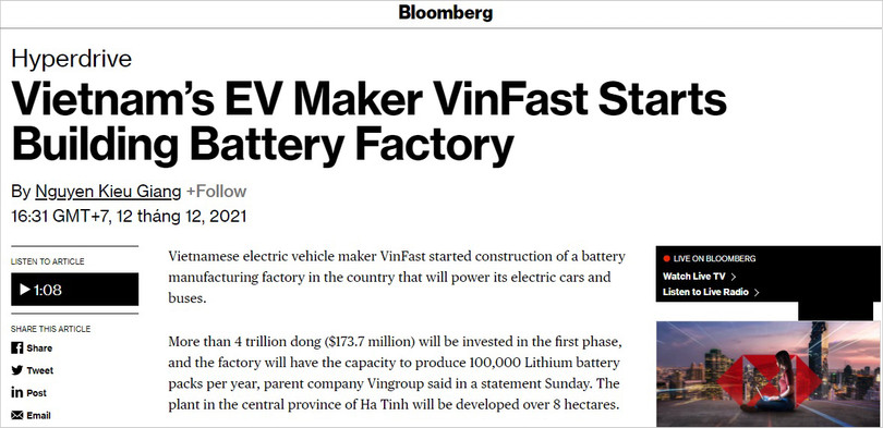 Báo chí quốc tế đưa tin về sự kiện khởi công Nhà máy Sản xuất Pin VinES tại KKT Vũng Áng