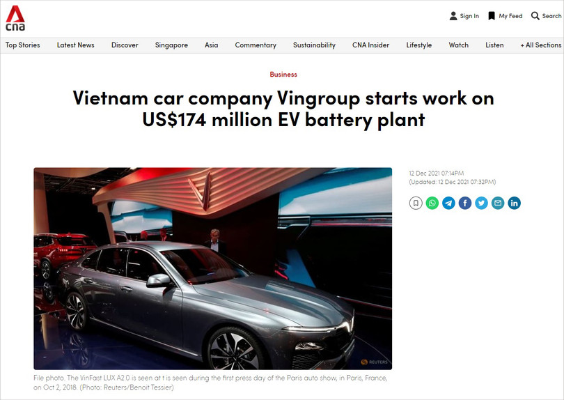 Báo chí quốc tế đưa tin về sự kiện khởi công Nhà máy Sản xuất Pin VinES tại KKT Vũng Áng