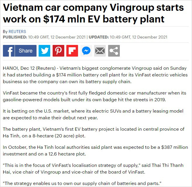 Báo chí quốc tế đưa tin về sự kiện khởi công Nhà máy Sản xuất Pin VinES tại KKT Vũng Áng
