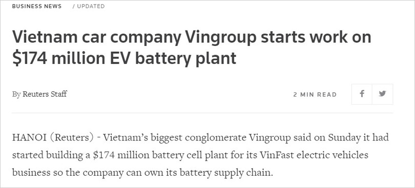 Báo chí quốc tế đưa tin về sự kiện khởi công Nhà máy Sản xuất Pin VinES tại KKT Vũng Áng