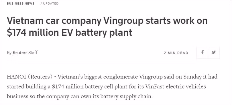 Báo chí quốc tế đưa tin về sự kiện khởi công Nhà máy Sản xuất Pin VinES tại KKT Vũng Áng