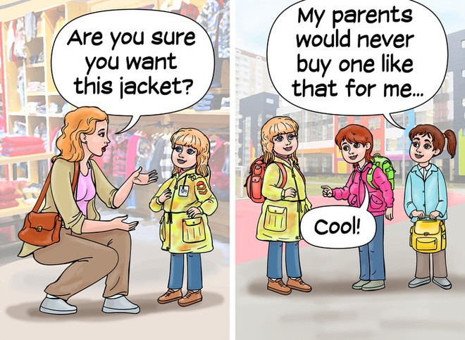 7. Tự chọn trang phục: Cha mẹ nhiều khi bất đồng quan điểm với con khi mua quần áo, muốn con theo ý mình. Trong khi đó, các nhà tâm lý học khuyên phụ huynh nên để con tự chọn vì nó giúp trẻ tự hình thành cá tính, trở thành cá thể độc lập, có chỗ đứng riêng trong xã hội. Hơn nữa, trẻ thường thích mặc đồ mình chọn và có thói quen giấu kỹ đồ bố mẹ mua trái ý mình. Ảnh: Brightside. 10 điều cha mẹ ngăn cản con khiến tuổi thơ trẻ bớt vui