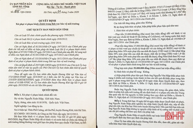 Trại lợn gây ô nhiễm ở Hương Khê bị xử phạt hơn 50 triệu đồng