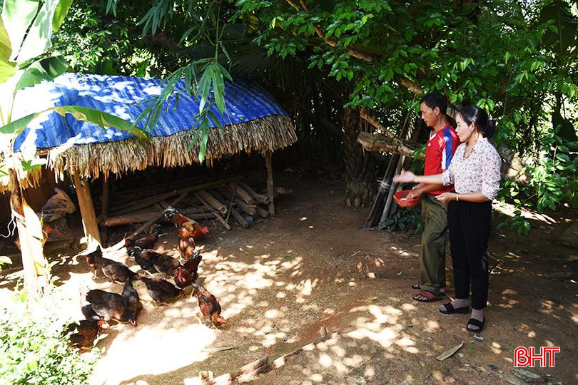 Trưởng thôn Nguyễn Thị Hoan kiểm tra mô hình sinh kế của anh Nguyễn Văn Đấu. A2.jpg