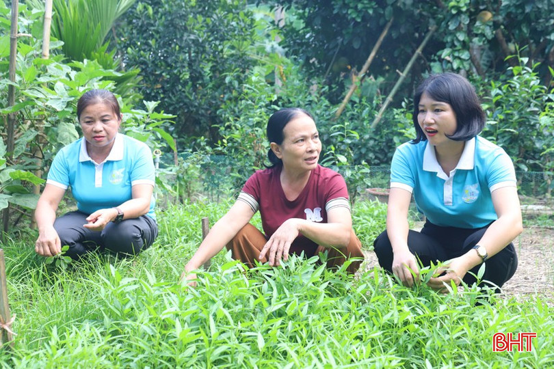 Chị Thủy lắng nghe hội viên Chi hội thôn Hưng Thịnh chia sẻ về quy trình trồng rau muống cạn. img-4621-5767.jpg