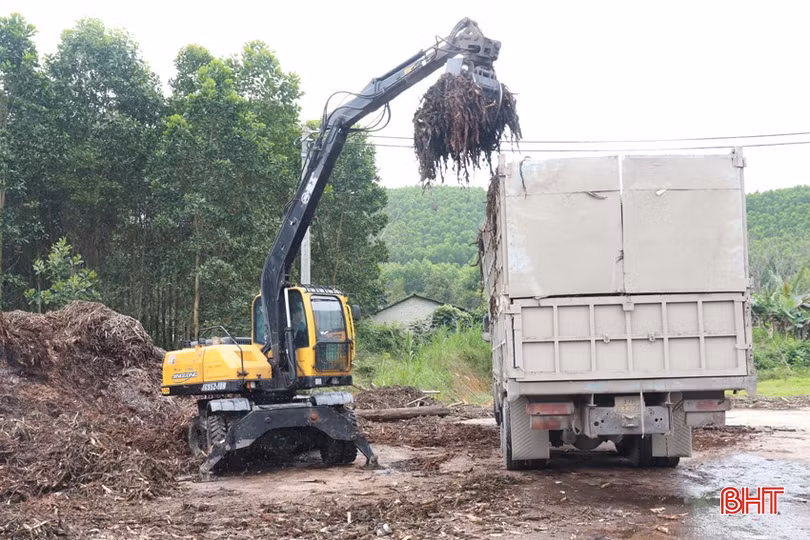 Gỗ băm dăm tại cơ sở của bà Nguyễn Thị Mai Hà được vận chuyển ra khỏi khu vực sản xuất.