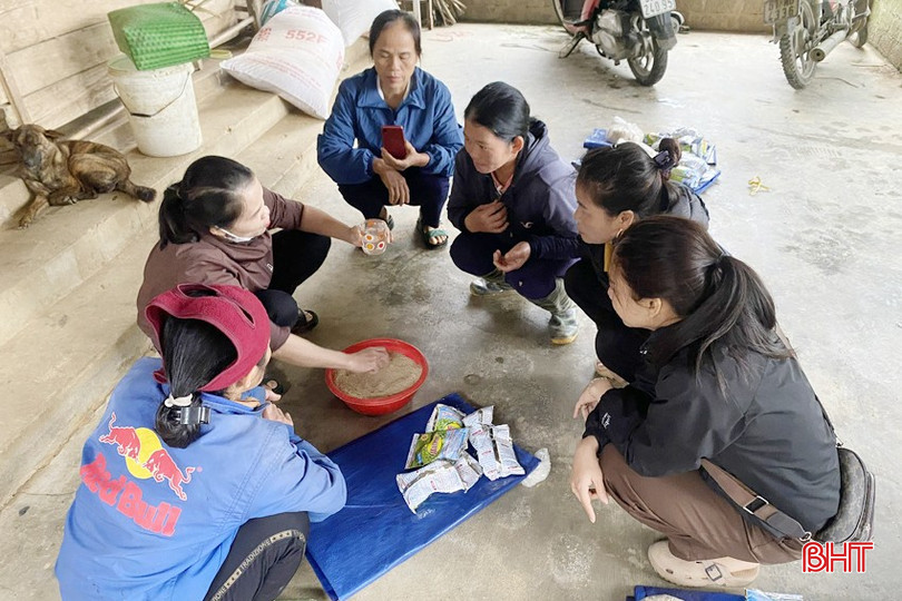 Các học viên thôn Cây Tắt, xã Sơn Tây được giáo viên dạy nghề "nắm tay chỉ việc" làm đệm lót sinh học chăn nuôi gà. bqbht_br_z6061718733744-5bd7161b5834c6333bf127b013e6100b.jpg