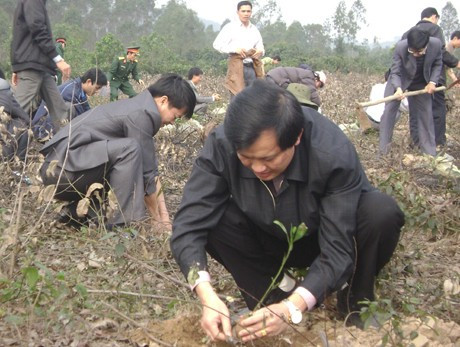 Cán bộ và nhân dân huyện Cẩm Xuyên trồng cây tại Tiểu khu 311, thuộc xã Cẩm Quan