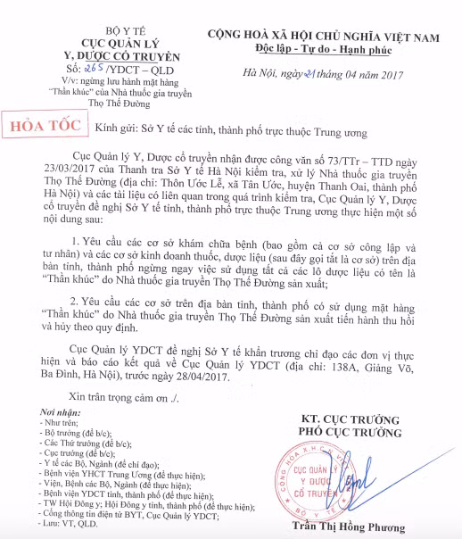 bo y te yeu cau ngung su dung duoc lieu than khuc