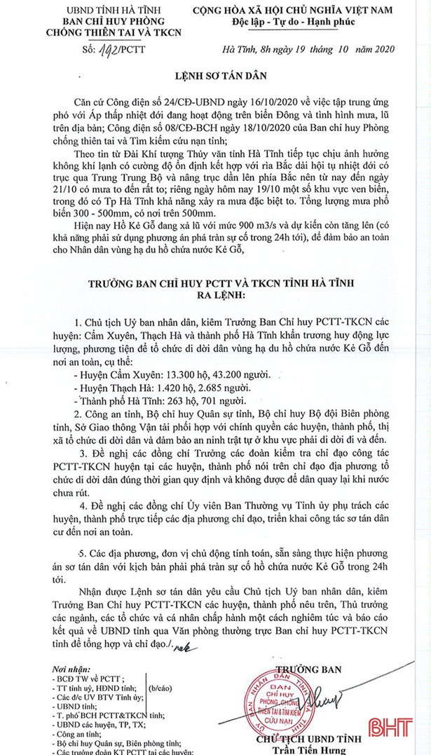 Chủ tịch UBND tỉnh Hà Tĩnh ra lệnh sơ tán 14.983 hộ dân 3 địa phương ảnh hưởng xả lũ Kẻ Gỗ