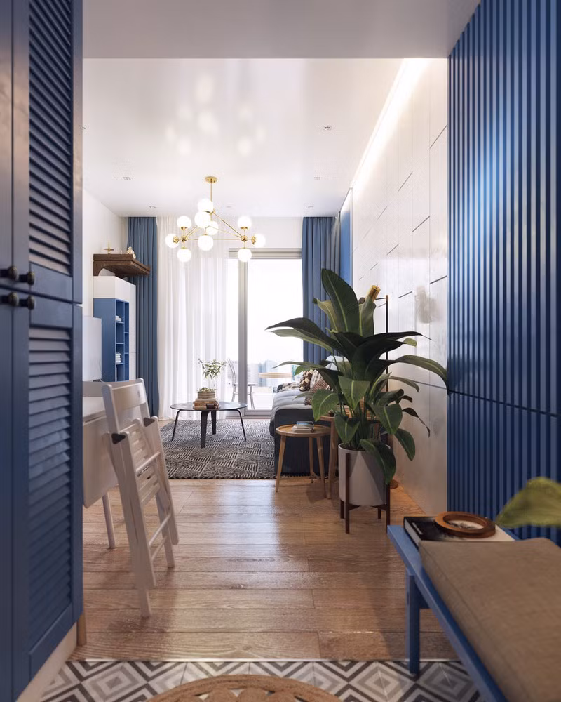 Căn hộ 82 mét vuông ghi điểm nhờ chọn nội thất màu trắng và xanh dương