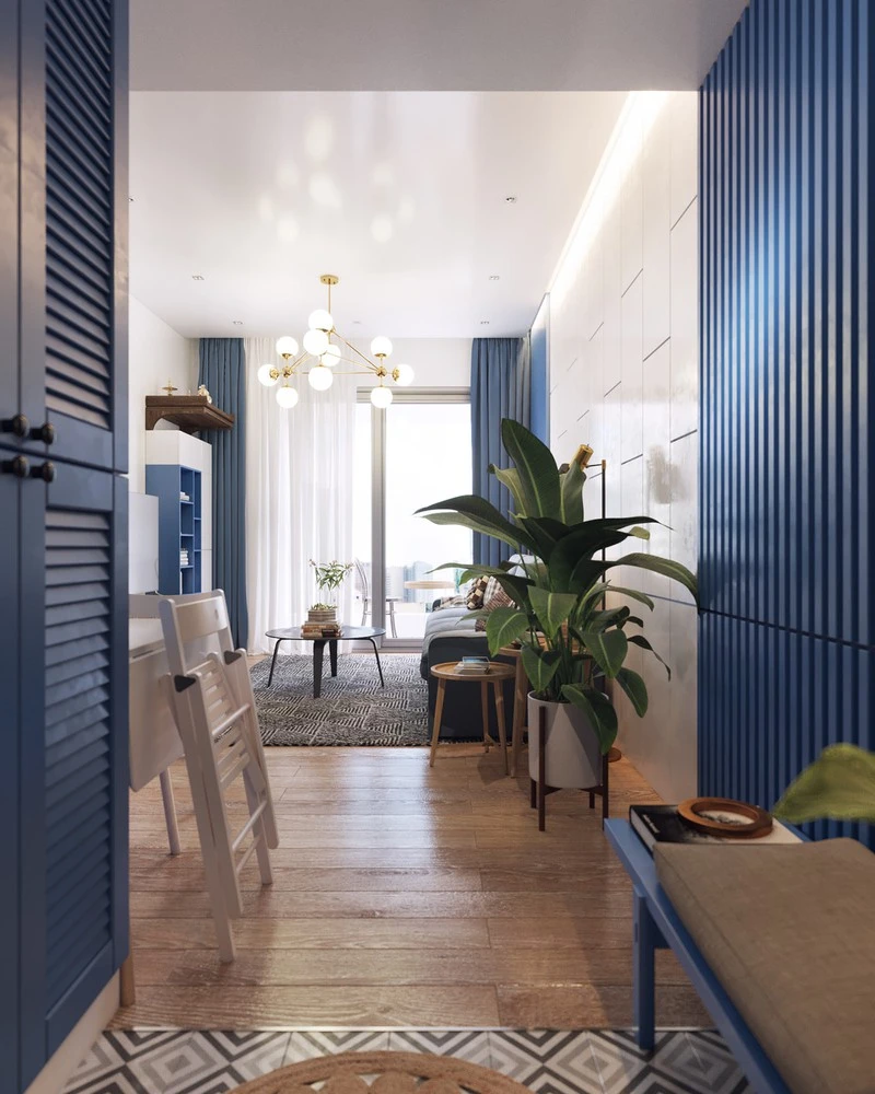 Căn hộ 82 mét vuông ghi điểm nhờ chọn nội thất màu trắng và xanh dương